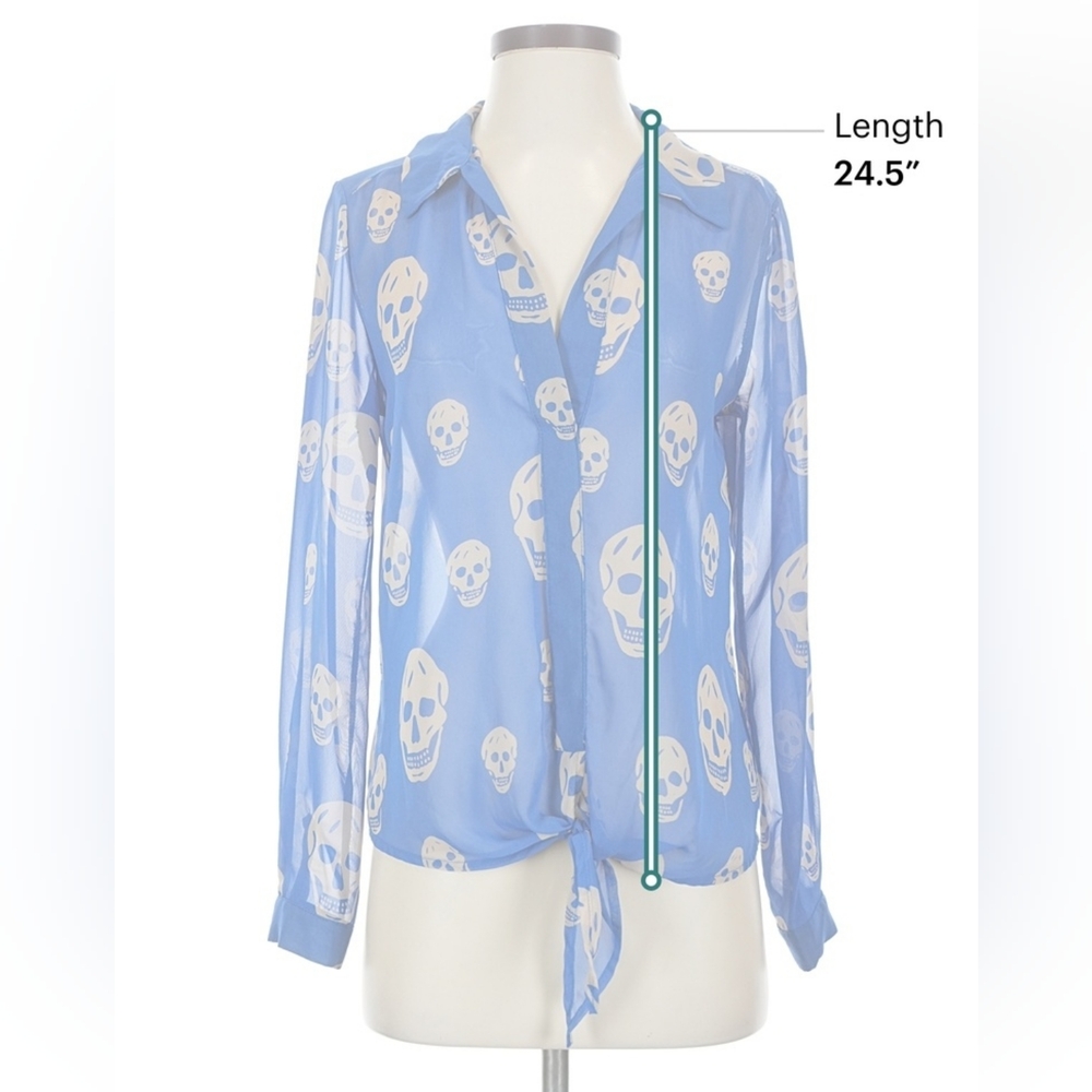 Vintage Havana Blue Skull Print Sheer Chiffon Tie Front Blouse Small - Picture 4 of 6
